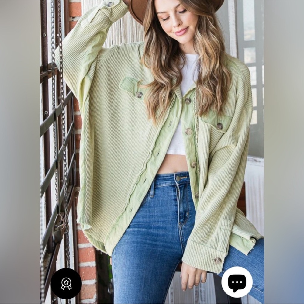 185. . NWT Olí & Hali Oversized Mineral Wash Green Waffle Knit Shacket